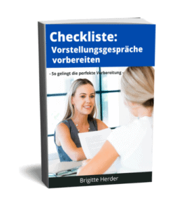 3D-gerendertes Buchcover mit dem Titel Checkliste: Vorstellungsgespräche vorbereiten. Das Cover zeigt zwei Frauen, die an einem Tisch sitzen und sich gegenseitig interviewen - ideal für alle, die sich mit Jobcoaching München auf ihr Vorstellungsgespräch vorbereiten möchten. Autorin: Brigitte Herder.