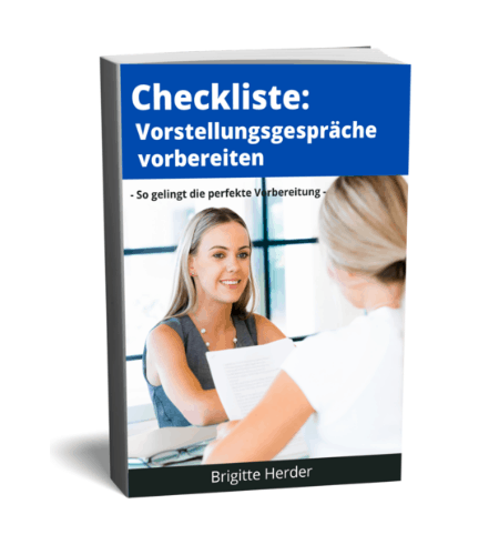 3D-gerendertes Buchcover mit dem Titel Checkliste: Vorstellungsgespr&auml;che vorbereiten von Brigitte Herder. Das Cover, inspiriert von Jobcoaching M&uuml;nchen, zeigt zwei Frauen in einer professionellen Vorstellungsgespr&auml;chssituation, die l&auml;chelnd an einem Tisch sitzen.