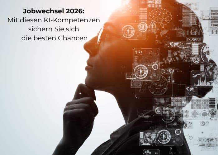 Eine nachdenkliche Person im Profil mit digitalen, KI-bezogenen Grafiken überlagert. Text: Jobwechsel 2026: Mit diesen KI-Kompetenzen sichern Sie sich die besten Chancen.