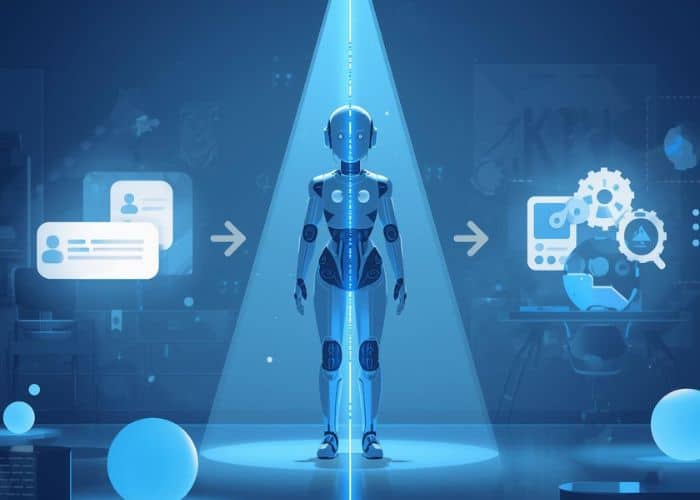 Ein humanoider Roboter steht in einem blauen Scheinwerferlicht, umgeben von Symbolen, die Chatblasen und Zahnräder darstellen und künstliche Intelligenz, Kommunikation und Technologie in einer futuristischen Umgebung symbolisieren.