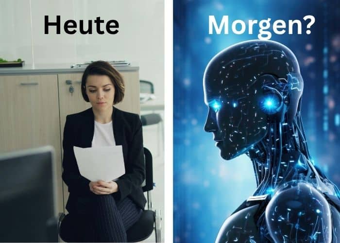 Links: Eine Frau in Geschäftskleidung sitzt da und liest ein Dokument mit der Aufschrift Heute. Rechts: Ein futuristischer humanoider Roboter mit leuchtend blauen Akzenten, beschriftet mit Morgen? (Morgen?).